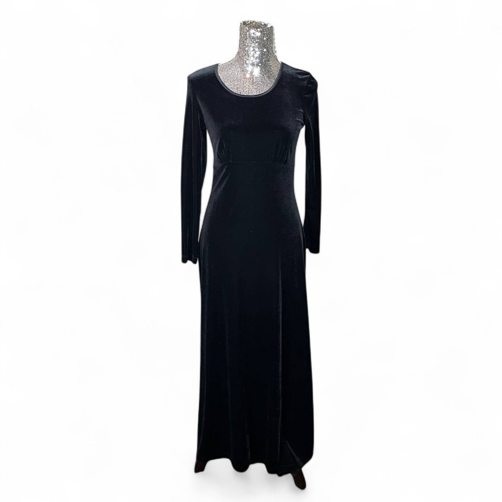 Y2K Gothic Velvet Maxi‎ Dress Small Long Sleeve Black Bodycon Witchy Evening